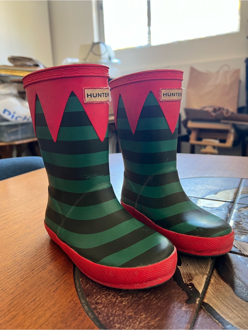 Hunter Kids Eld Green & Red Stripe Rain Boots UK size 9 little kids/US10